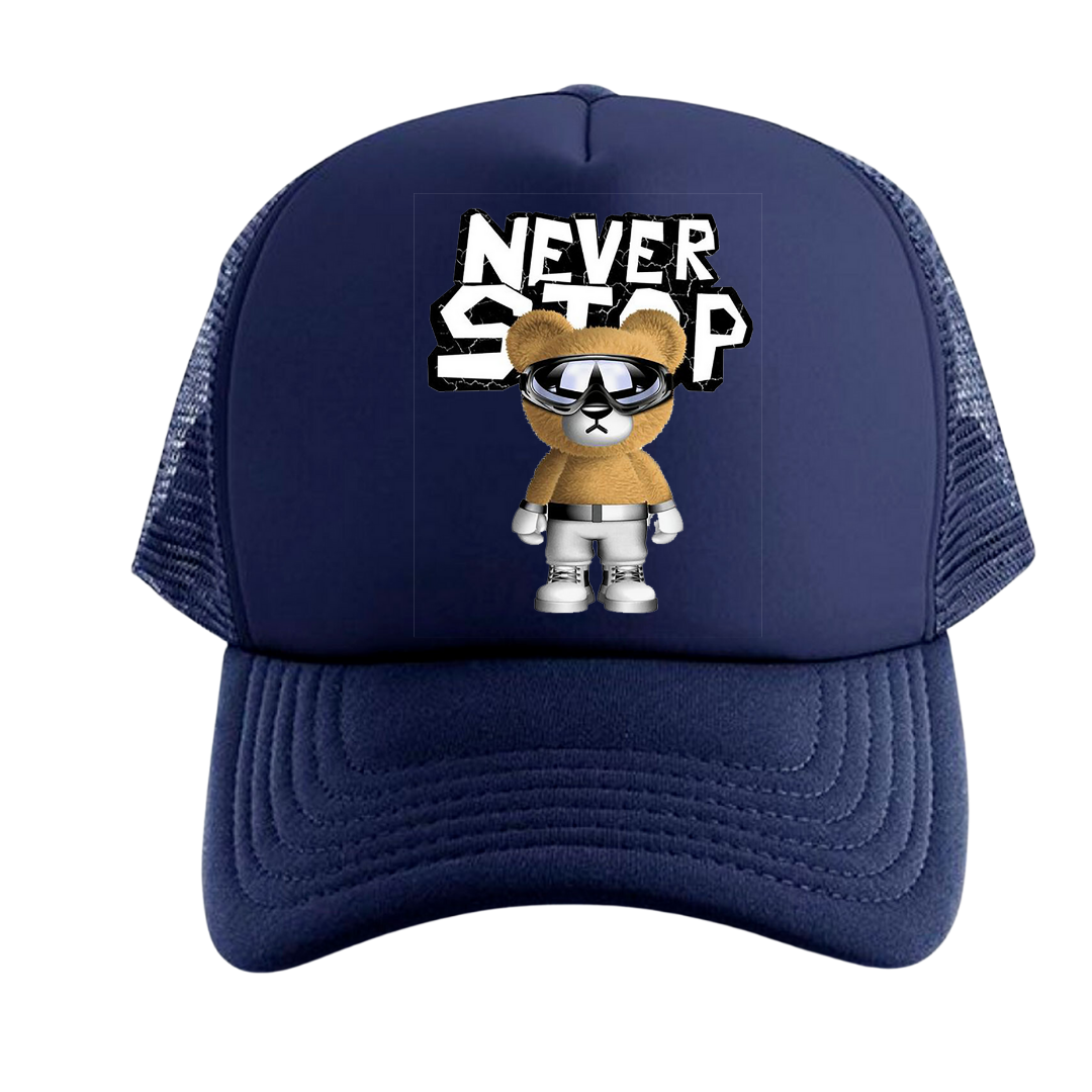 GORRA NEVER STOP OSO  MALLA TRUCKER CAP CAMIONERA AZUL