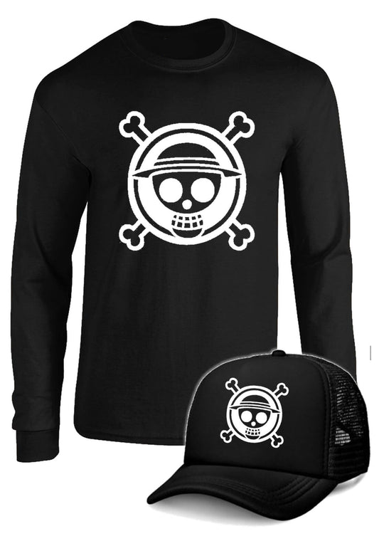 CAMIBUSO ONE PIECE BANDERA PIRATA MANGA LARGA CON GORRA