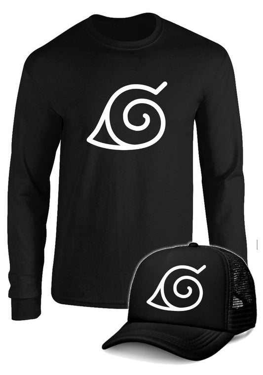 CAMIBUSO NARUTO SIMBOLO ALDEA DE LA HOJA MANGA LARGA CON GORRA